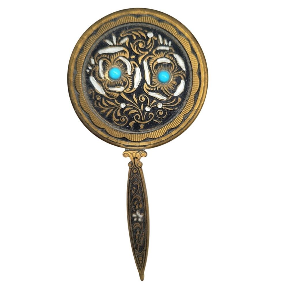 Vintage‎ Etched Brass Black Enamel Blue Bead Floral Boho Vanity Hand Mirror